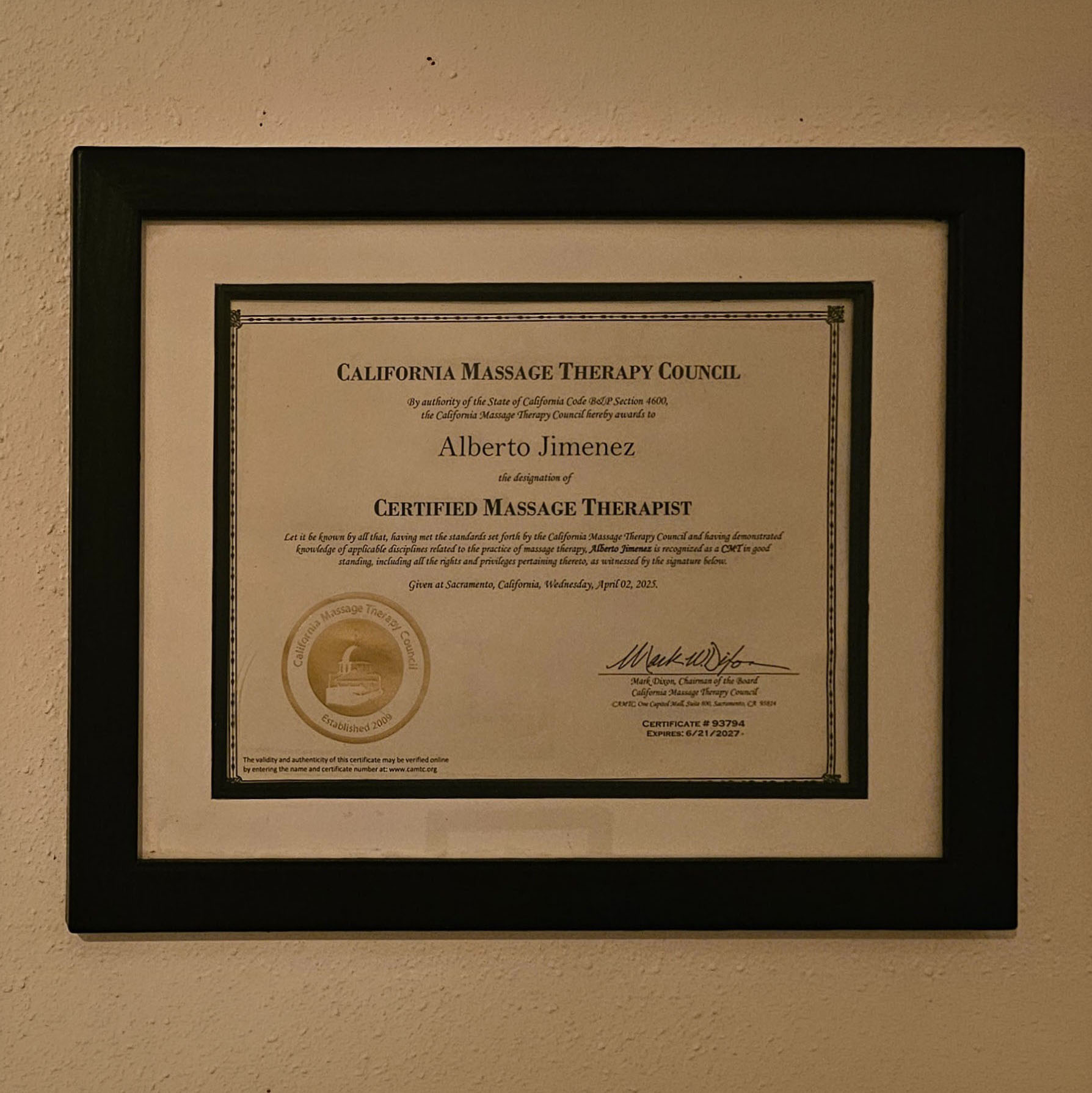 CAMTC massage therapy certificate