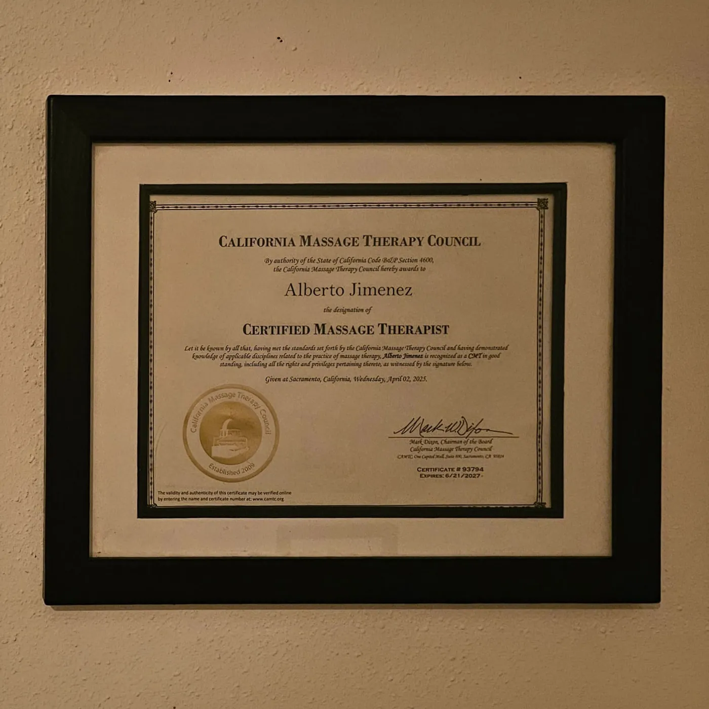 CAMTC massage therapy certificate