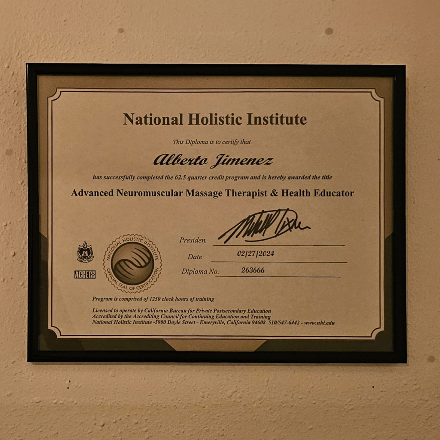 National Holistic Institute diploma